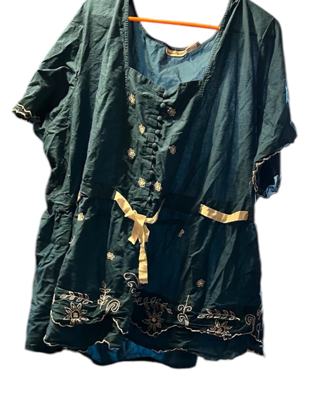 Embroidered blue Peasant Blouse with cream Trim
